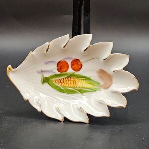 Japanese Porcelain Leaf Dish Plate Corn Cherries Gold Trim Vintage Hand Painted